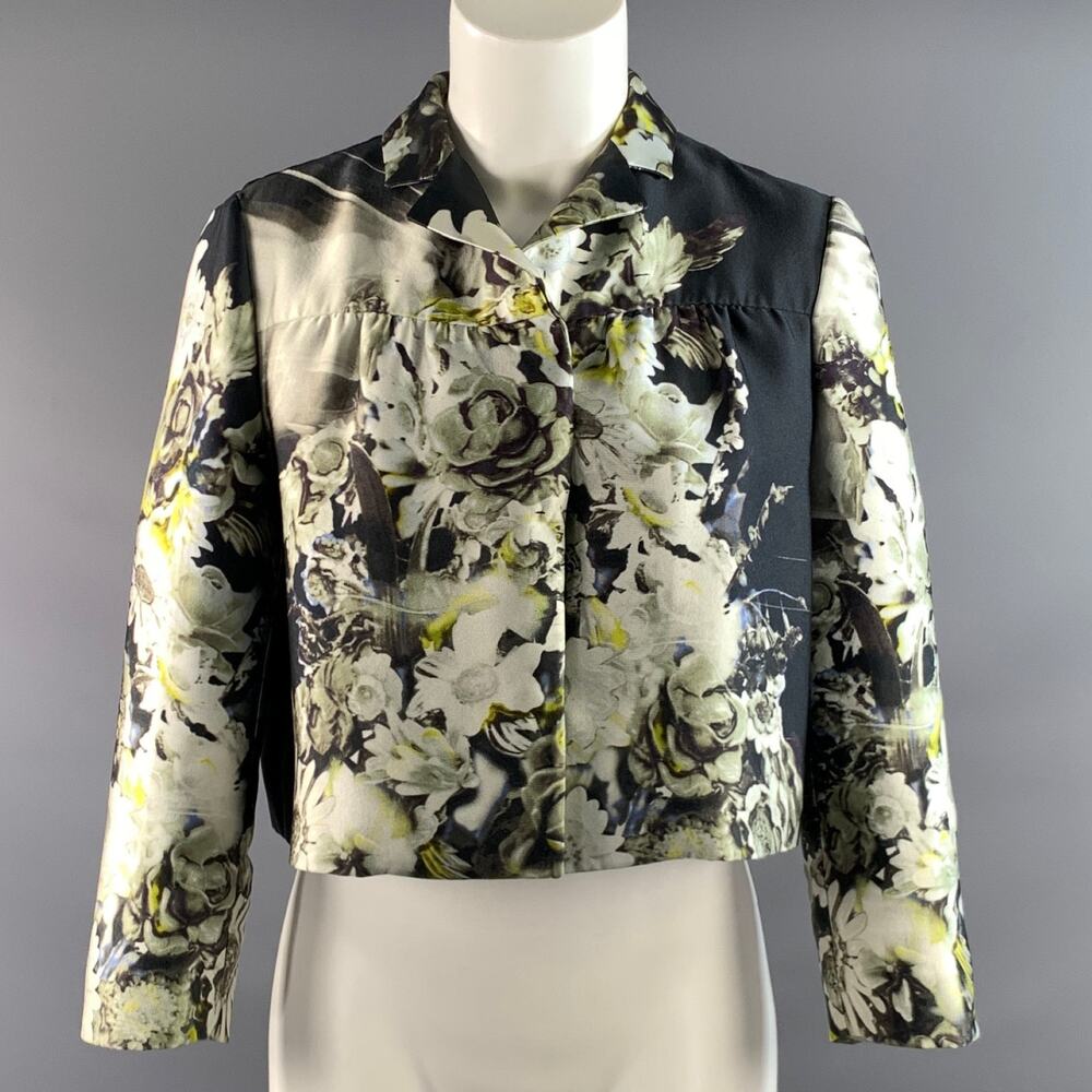 PRADA Size 4 Black Lime Silk Blend Floral Cropped Jacket Indoor  Blazer